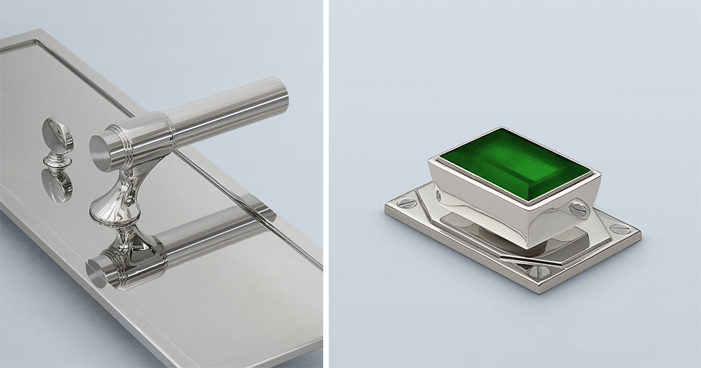 Lever design in polished nickel on an oversized backplate paired with a custom emerald rock crystal cabinet pull.
