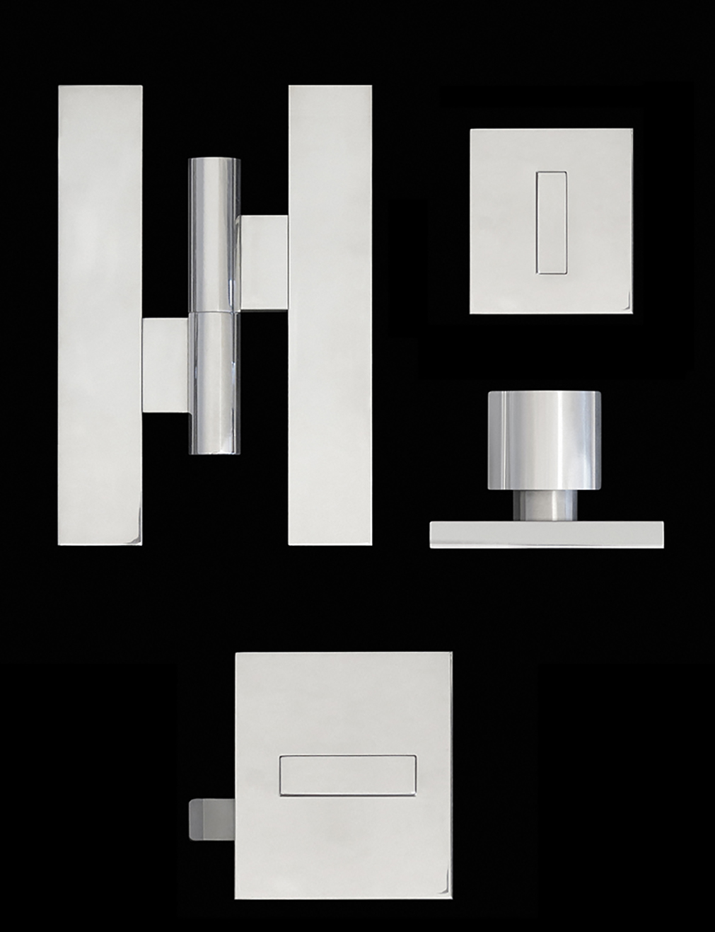 Modern hinges and door hardware in nickel finish.